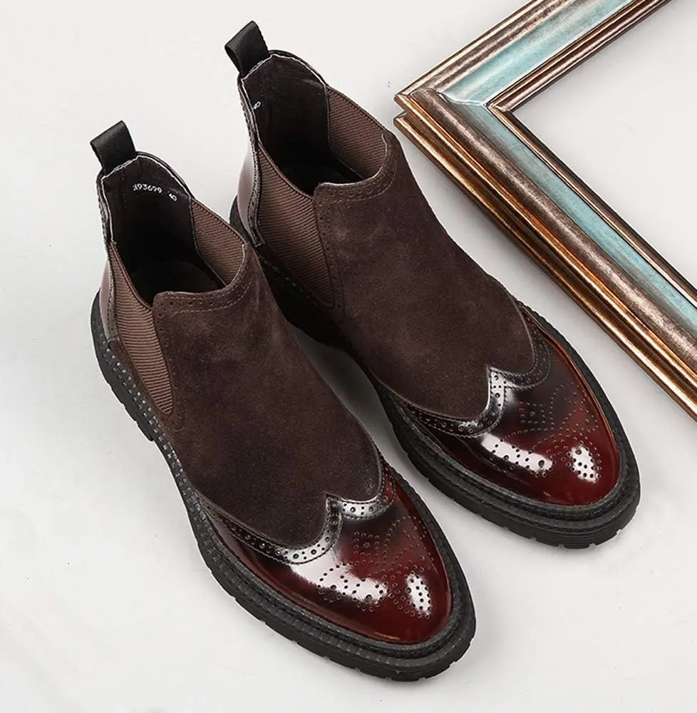 Santimon Mens Causal Chelsea Boots Suede Patent Leather Brogue Ankle Dress Boots for Men Black Red