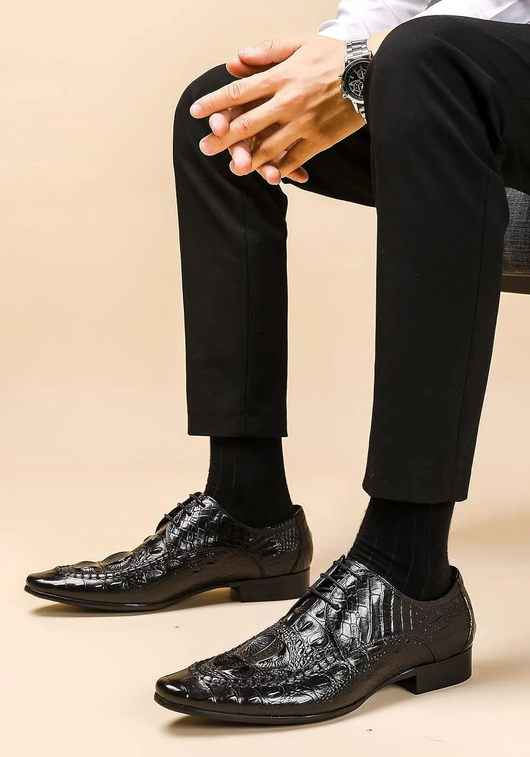 Santimon Men's Oxfords Formal Dress Classic Lace-up Wingtip Crocodile Texture Derby Genuine Leather Fashion Comfortable Shoes Buinsess Casual Prom Wedding Tuxedo Shoes for Men