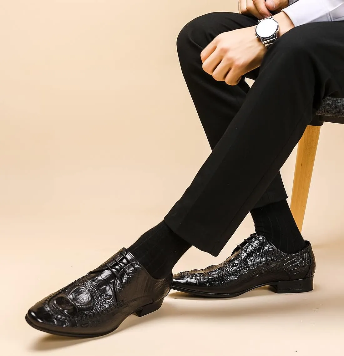 Santimon Men's Oxfords Formal Dress Classic Lace-up Wingtip Crocodile Texture Derby Genuine Leather Fashion Comfortable Shoes Buinsess Casual Prom Wedding Tuxedo Shoes for Men