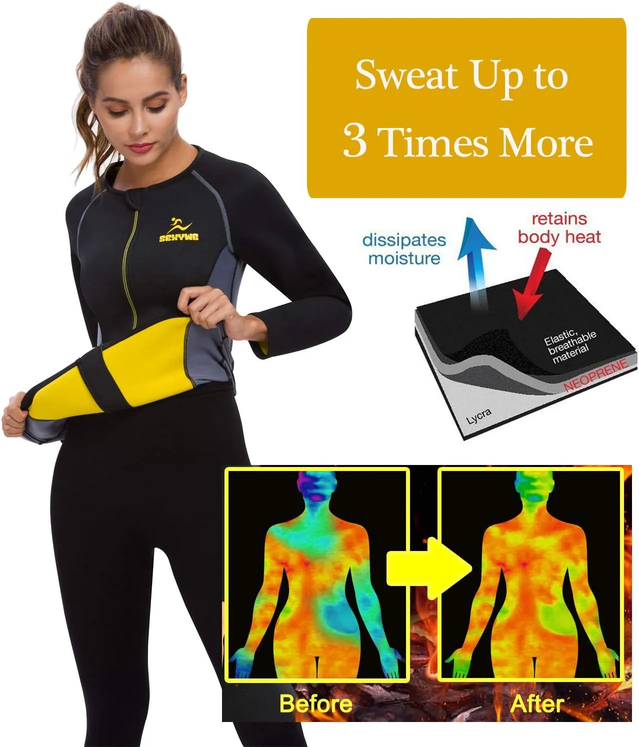 SEXYWG Women Sauna Shirt Neoprene Sauna Jacket Sauna Top Suit Workout Body Shaper Long Sleeve