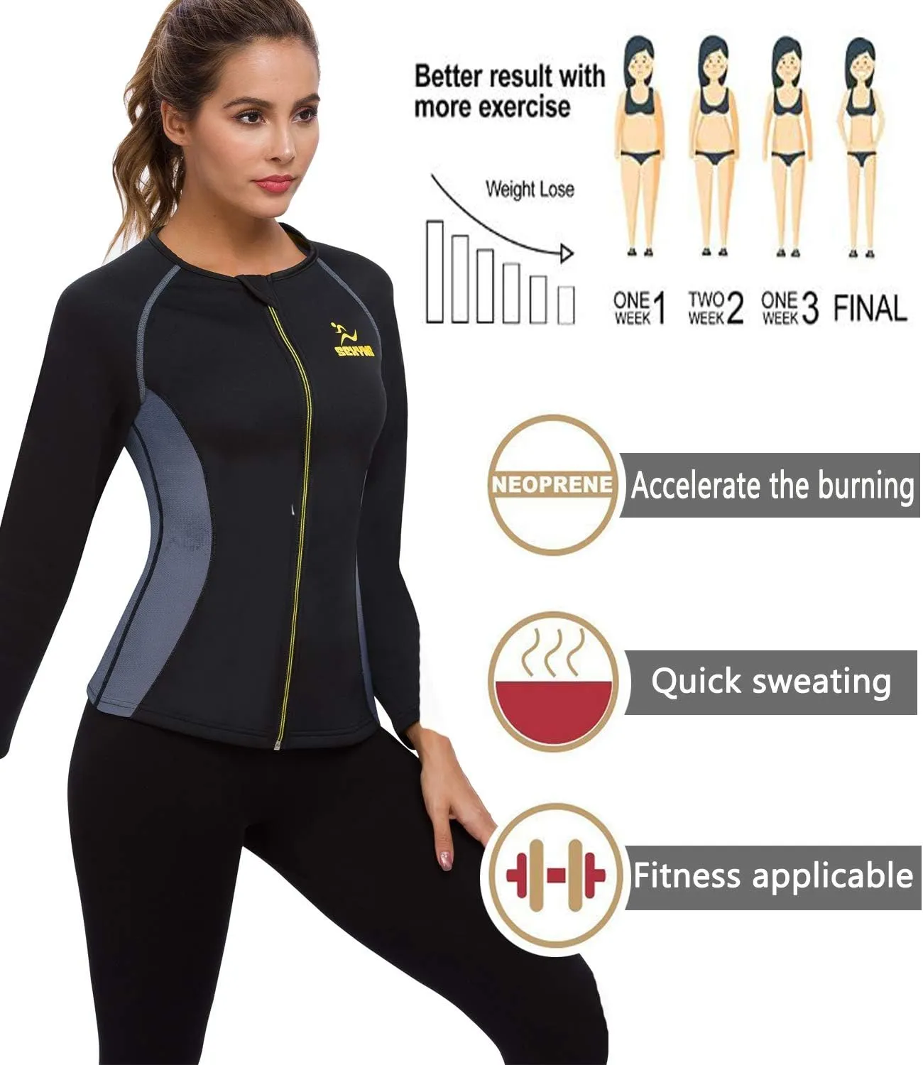 SEXYWG Women Sauna Shirt Neoprene Sauna Jacket Sauna Top Suit Workout Body Shaper Long Sleeve