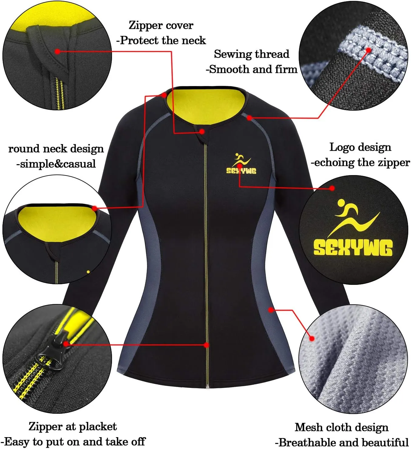 SEXYWG Women Sauna Shirt Neoprene Sauna Jacket Sauna Top Suit Workout Body Shaper Long Sleeve
