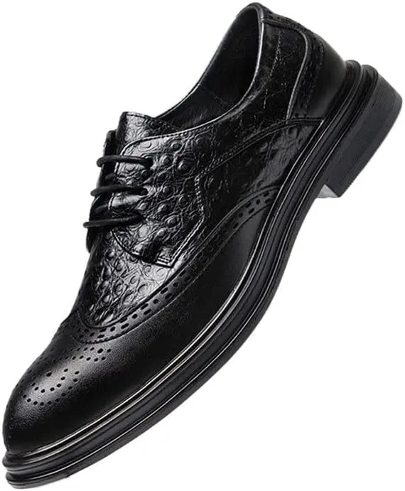 Single Season Dress Shoes for Men Lace Up Crocodile Print Wing Tip Brogue Embossed Derby Shoes Low Top Rubber Sole Non Slip Party Very Popular Among Young People