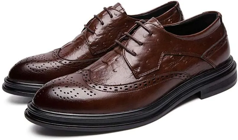 Single Season Shoes Dress Oxford for Men Lace Up Wing Tip Brogue Derby Shoes Cowhide Rubber Sole Non Slip Low Top Block Heel Wedding Very Popular Among Young People
