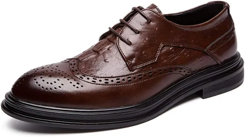 Single Season Shoes Dress Oxford for Men Lace Up Wing Tip Brogue Derby Shoes Cowhide Rubber Sole Non Slip Low Top Block Heel Wedding Very Popular Among Young People