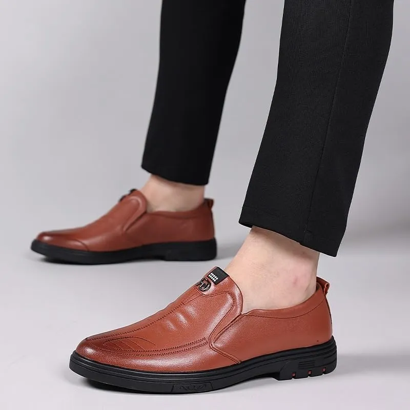 Spring Top Layer Cowhide Men's Casual Oxfords Shoes Slip On Leather Shoes Middle Aged Elderly Derby Shoe