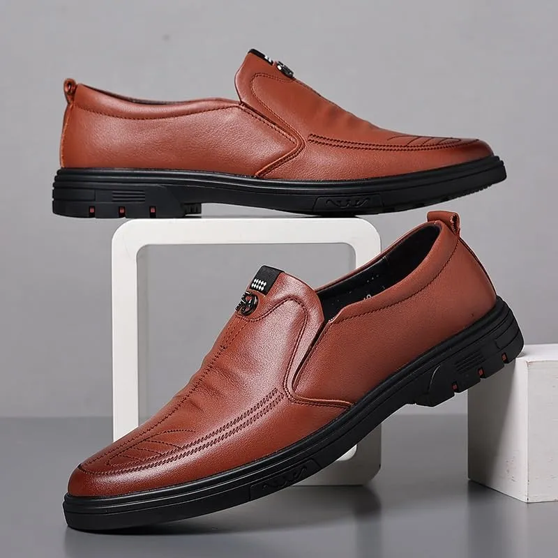 Spring Top Layer Cowhide Men's Casual Oxfords Shoes Slip On Leather Shoes Middle Aged Elderly Derby Shoe
