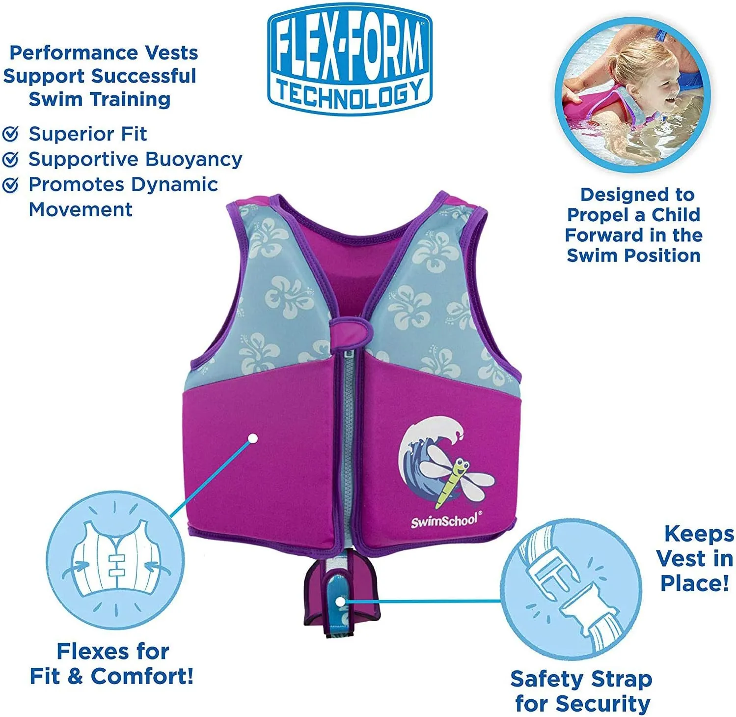 SwimSchool Kids Swim Trainer Vests for Toddlers Ages 2-6 – Boys/Girls – Multiple Colors/Styles – Learn to Swim Floaties