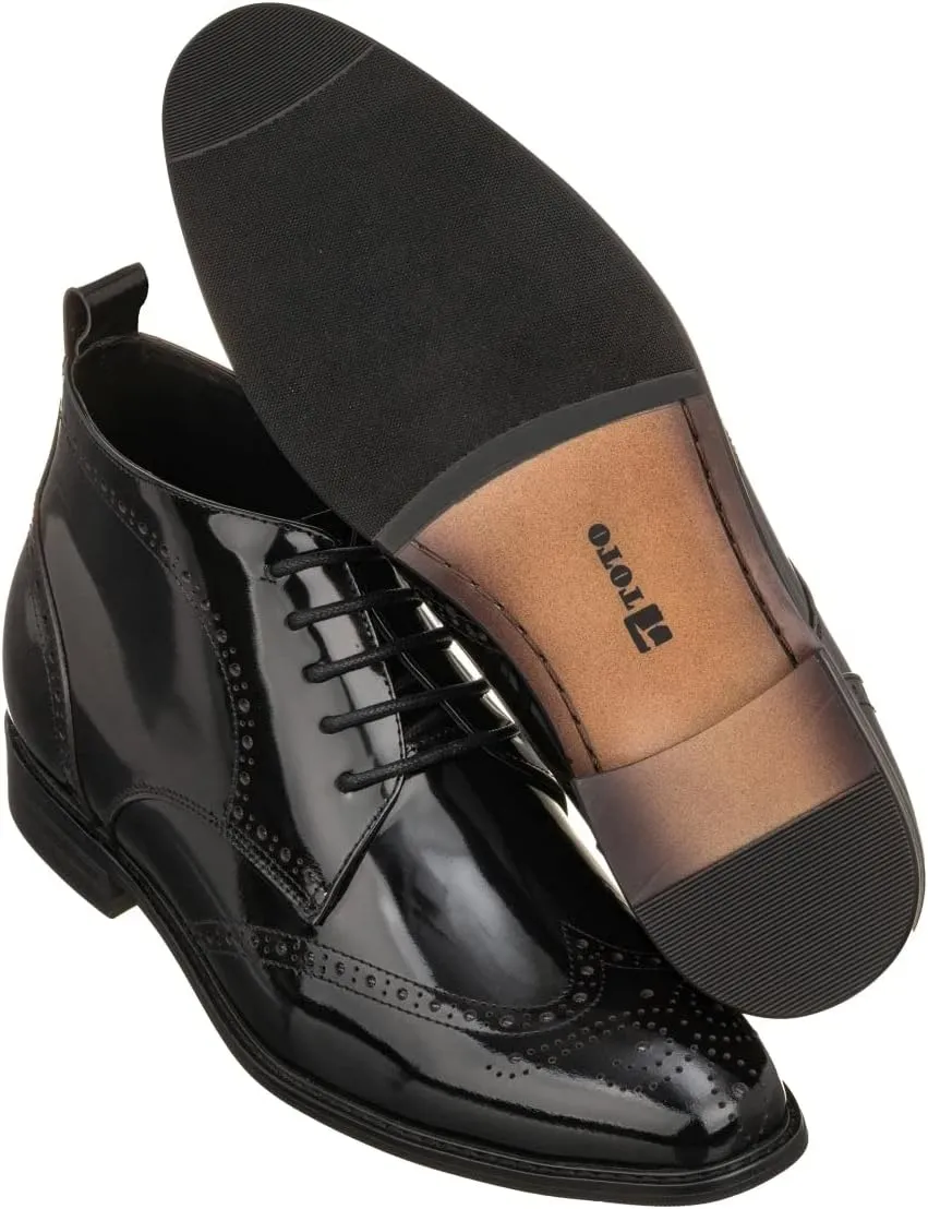 TOTO Men's Invisible Height Increasing Elevator Shoes - Black Premium Leather Lace-up Wing-Tip Dress Boots - 2.8 Inches Taller - K99602- Size 8 D(M) US