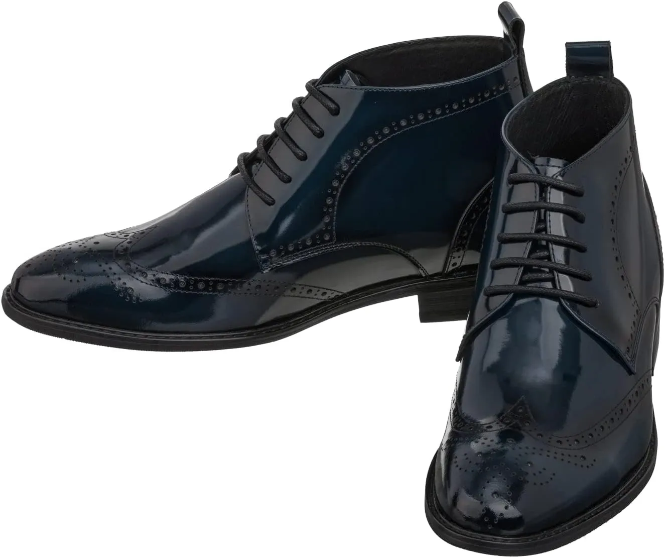 TOTO Men's Invisible Height Increasing Elevator Shoes - Dark Blue Premium Leather Lace-up Wing-Tip Dress Boots - 2.8 Inches Taller - K99603- Size 7.5 D(M) US