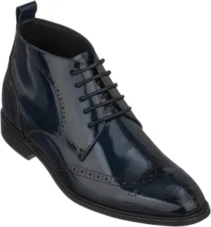 TOTO Men's Invisible Height Increasing Elevator Shoes - Dark Blue Premium Leather Lace-up Wing-Tip Dress Boots - 2.8 Inches Taller - K99603- Size 7.5 D(M) US