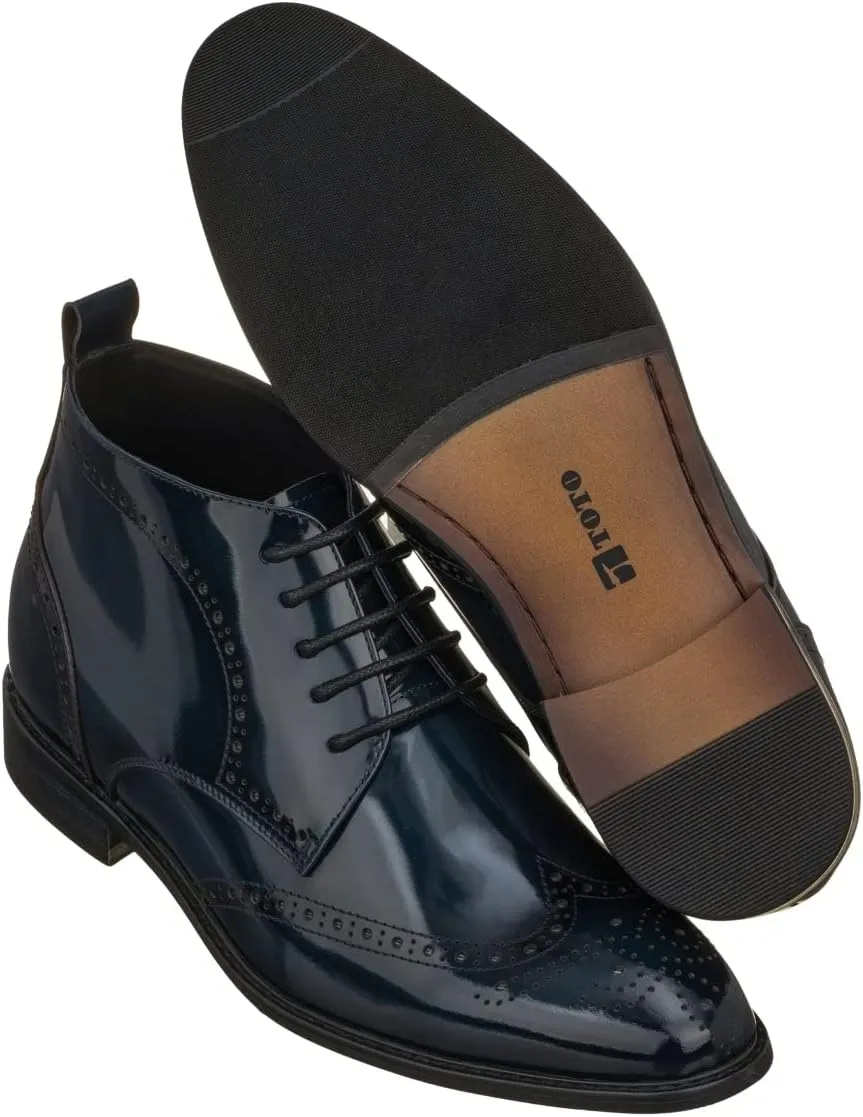 TOTO Men's Invisible Height Increasing Elevator Shoes - Dark Blue Premium Leather Lace-up Wing-Tip Dress Boots - 2.8 Inches Taller - K99603- Size 7.5 D(M) US