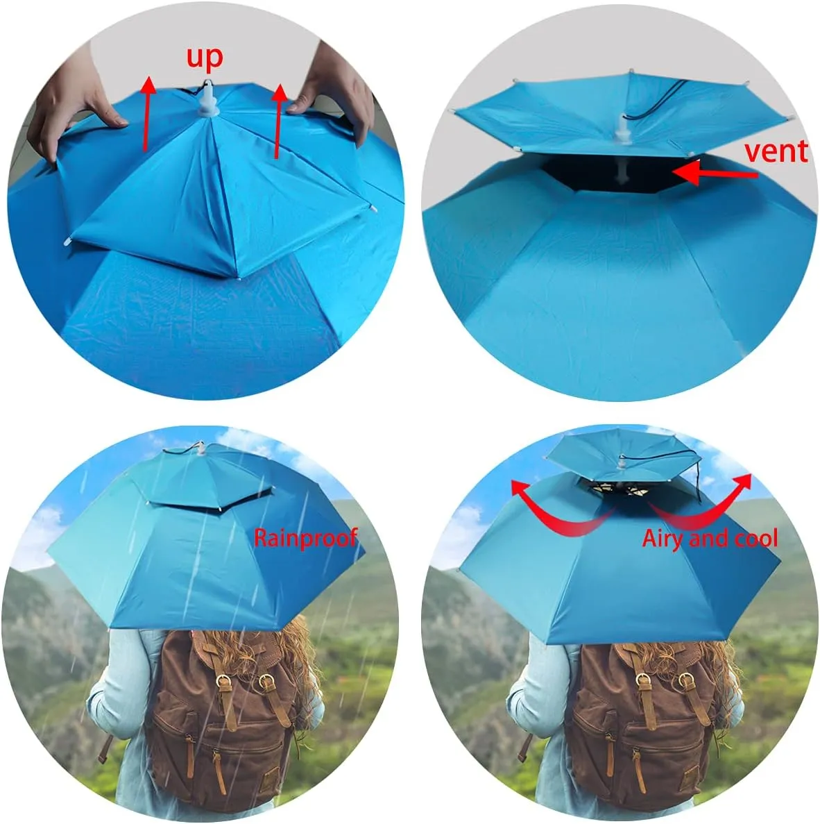 Umbrella Hat, 37 inch Fishing Umbrella Hat Hands Free Foldable UV Protection Umbrella Cap Adjustable Headwear for Fishing Golf Camping Beach Gardening Sunshade Outdoor