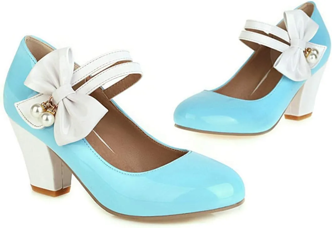 VOKLIN Women's Girls Lolita Sweet Bow Mary Jane Pumps Round Toe Ankle Strap Block High Heel Oxford Dress Shoes