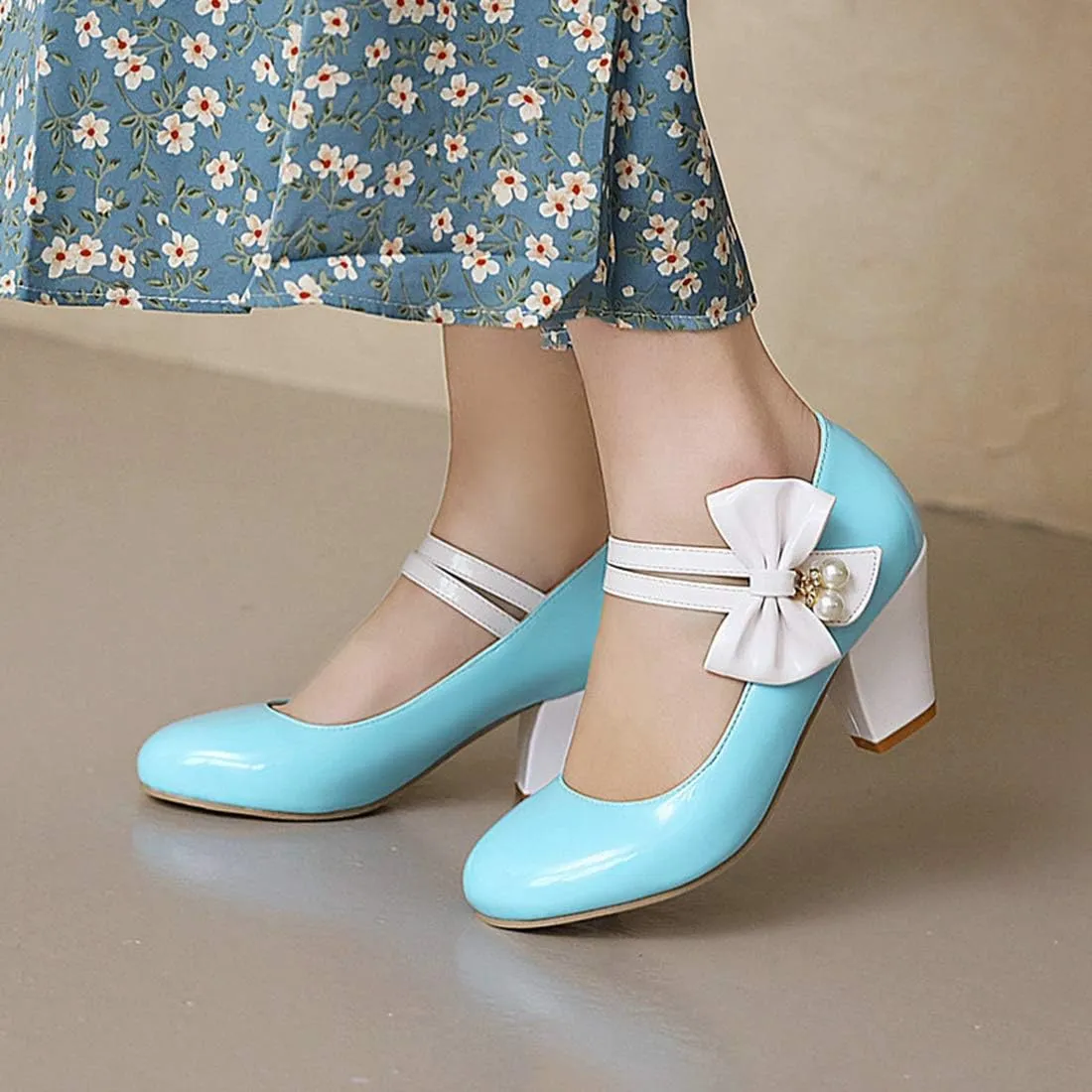 VOKLIN Women's Girls Lolita Sweet Bow Mary Jane Pumps Round Toe Ankle Strap Block High Heel Oxford Dress Shoes