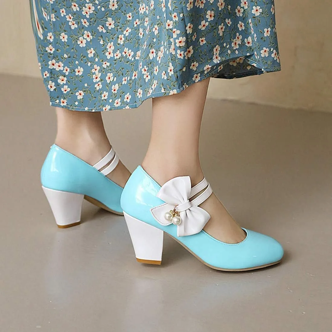 VOKLIN Women's Girls Lolita Sweet Bow Mary Jane Pumps Round Toe Ankle Strap Block High Heel Oxford Dress Shoes