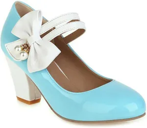 VOKLIN Women's Girls Lolita Sweet Bow Mary Jane Pumps Round Toe Ankle Strap Block High Heel Oxford Dress Shoes