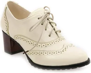 VOKLIN Women's Lace Up Block Heel Pump Oxfords Brogues Wingtip Perforated Chunky Mid Vintage Dress Shoes