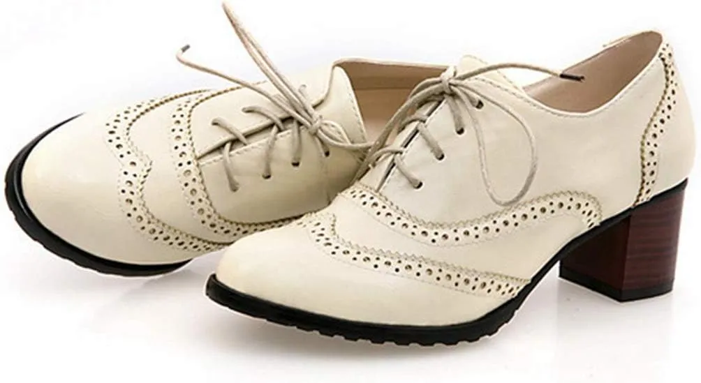 VOKLIN Women's Lace Up Block Heel Pump Oxfords Brogues Wingtip Perforated Chunky Mid Vintage Dress Shoes