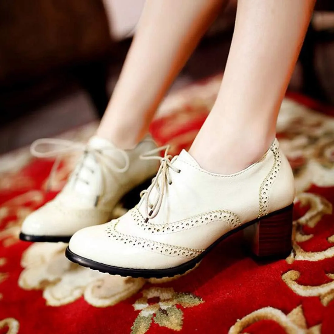 VOKLIN Women's Lace Up Block Heel Pump Oxfords Brogues Wingtip Perforated Chunky Mid Vintage Dress Shoes