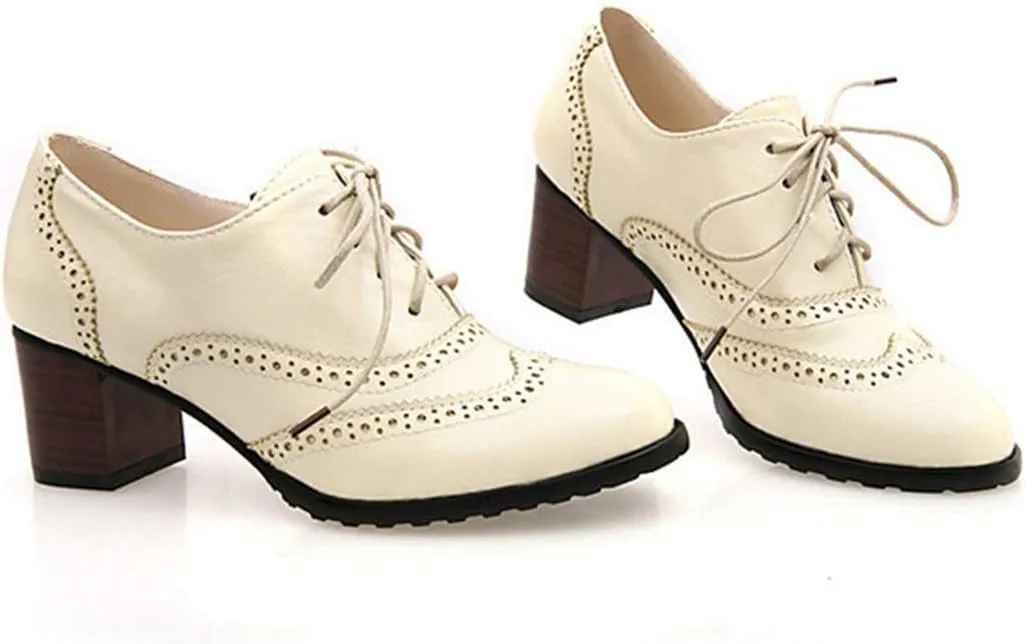 VOKLIN Women's Lace Up Block Heel Pump Oxfords Brogues Wingtip Perforated Chunky Mid Vintage Dress Shoes