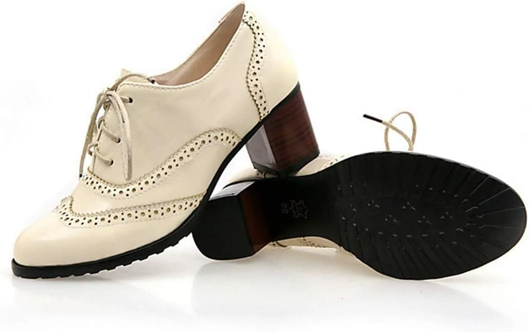VOKLIN Women's Lace Up Block Heel Pump Oxfords Brogues Wingtip Perforated Chunky Mid Vintage Dress Shoes