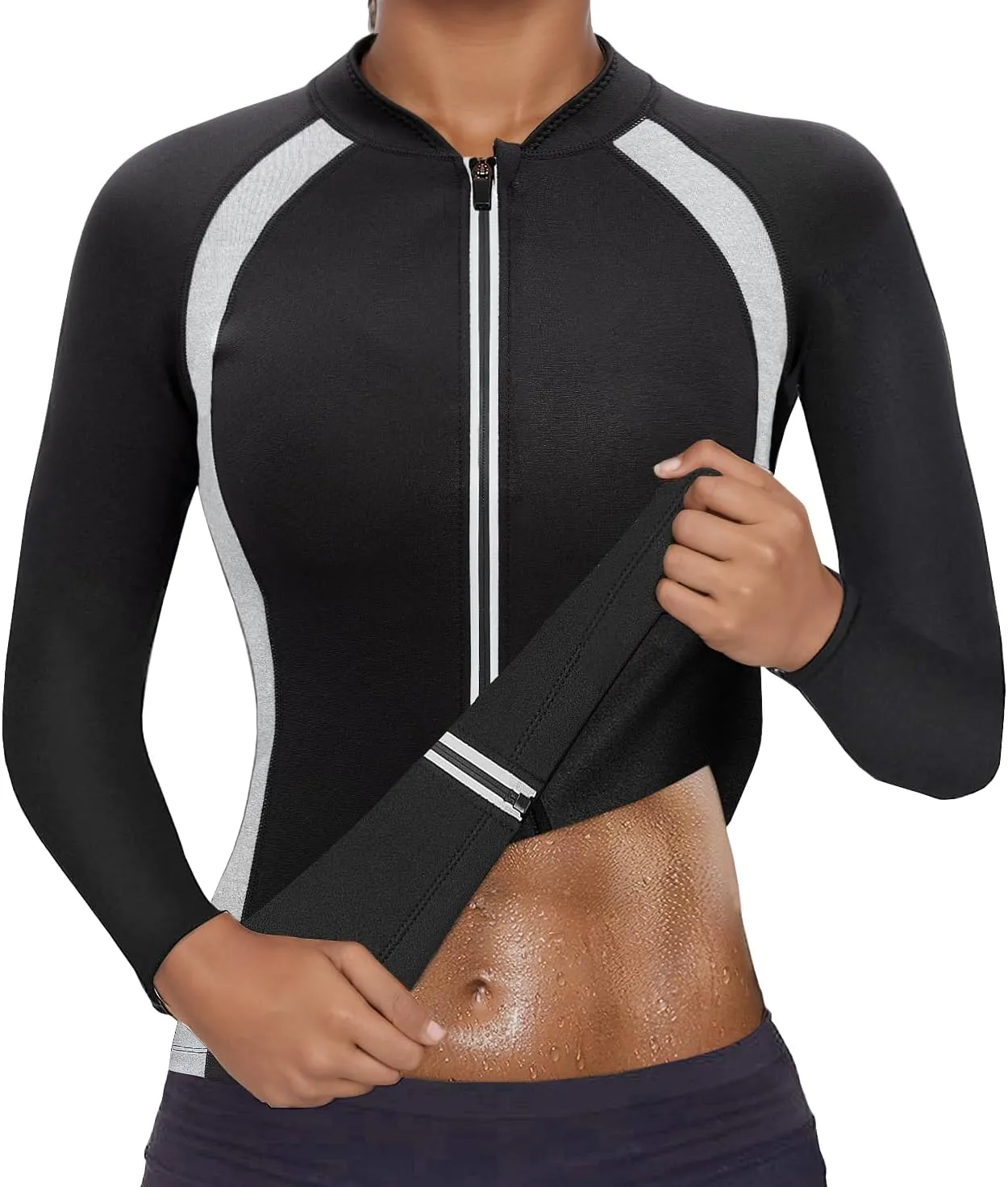 Women Sauna Suit Workout Jacket Hot Sweat Shirt Body Shaper Waist Trainer Fitness Top Long Sleeve Neoprene Zipper