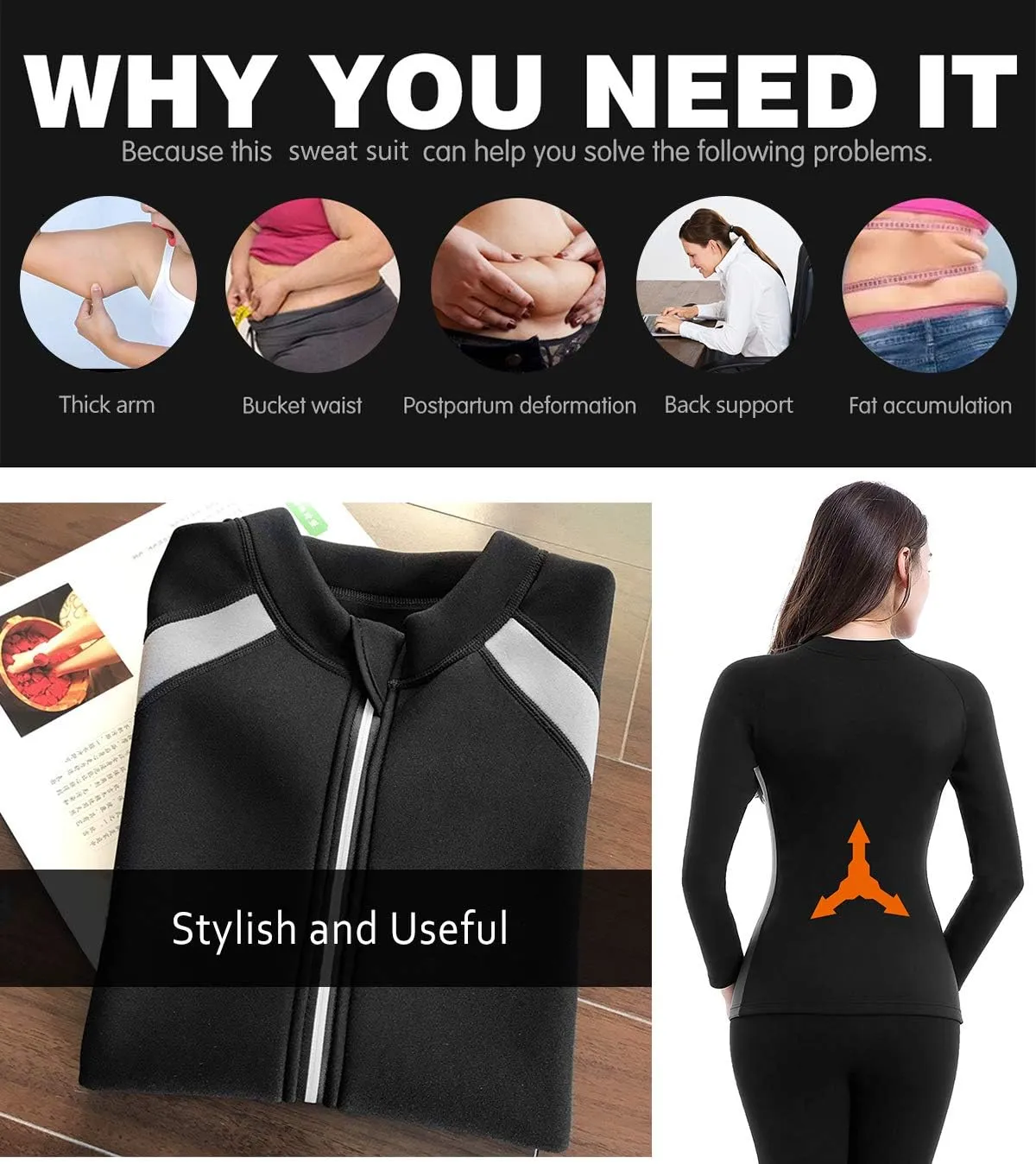 Women Sauna Suit Workout Jacket Hot Sweat Shirt Body Shaper Waist Trainer Fitness Top Long Sleeve Neoprene Zipper