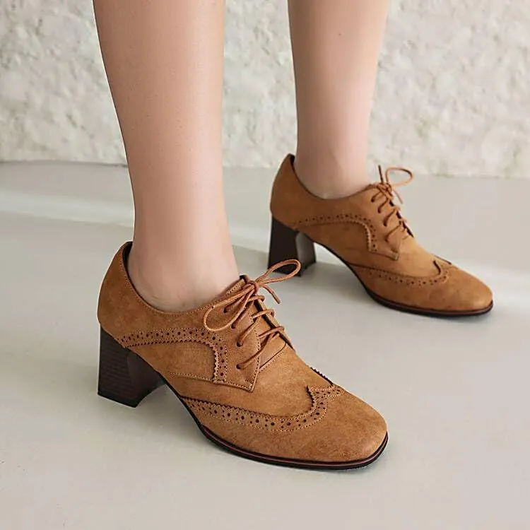 Women Vintage Brogue Derby Shoes Square Toe Block Heels