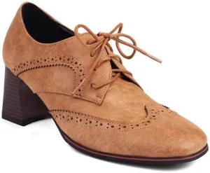 Women Vintage Brogue Derby Shoes Square Toe Block Heels