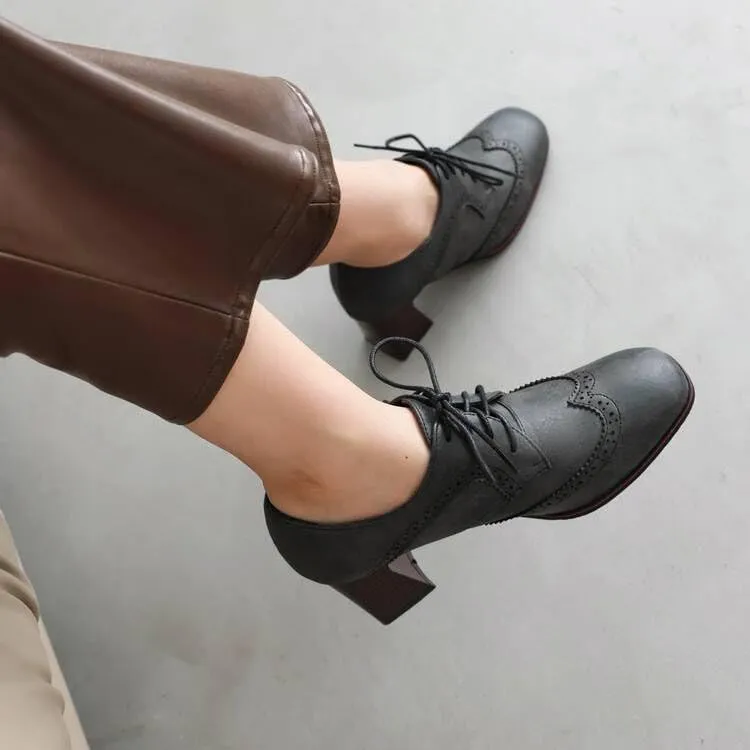 Women Vintage Brogue Derby Shoes Square Toe Block Heels