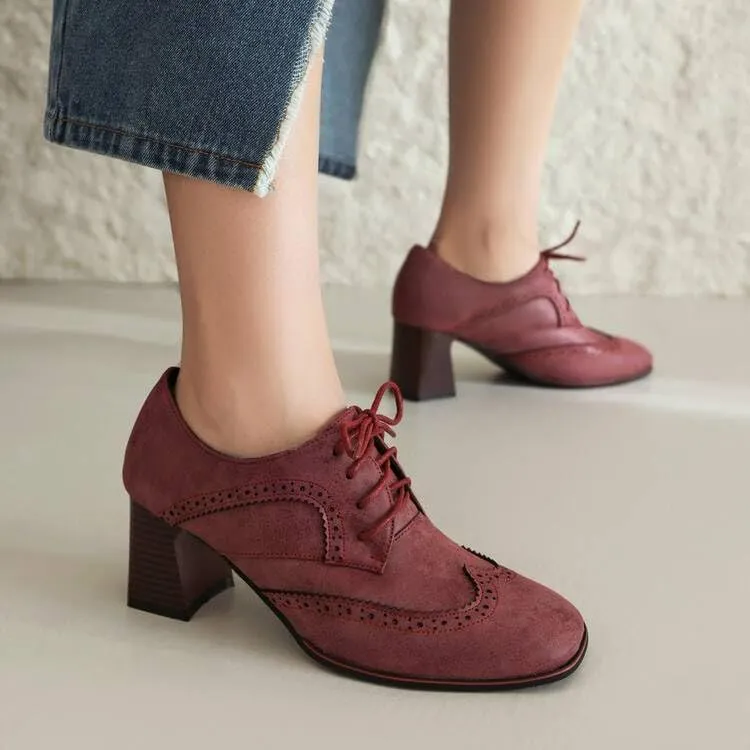 Women Vintage Brogue Derby Shoes Square Toe Block Heels