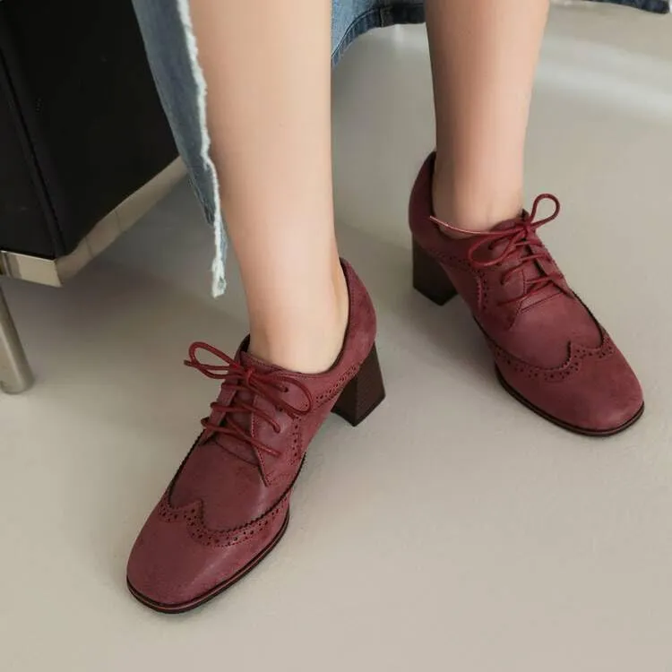 Women Vintage Brogue Derby Shoes Square Toe Block Heels