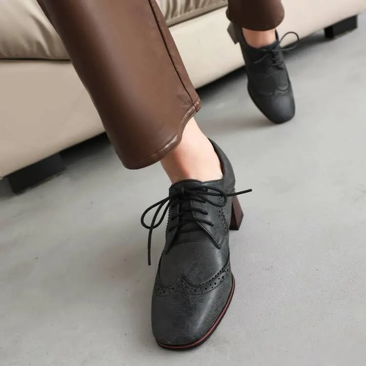 Women Vintage Brogue Derby Shoes Square Toe Block Heels