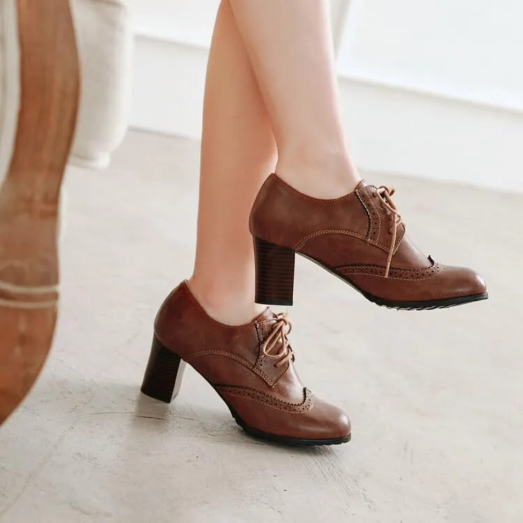 Women Vintage Lace Up Brogue Derby Shoes Block Heels