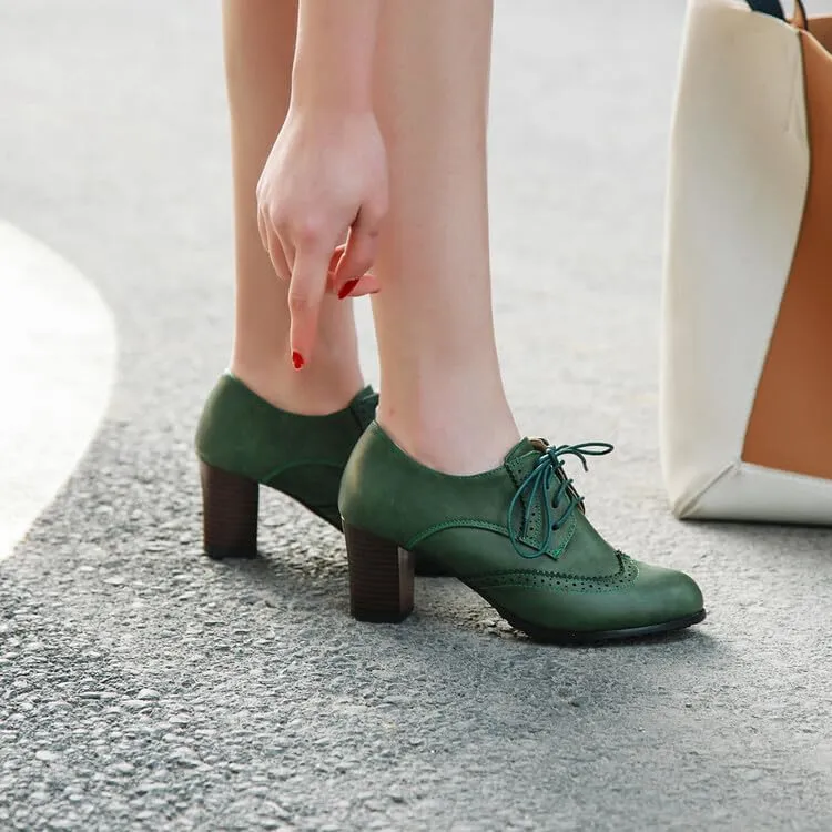 Women Vintage Lace Up Brogue Derby Shoes Block Heels