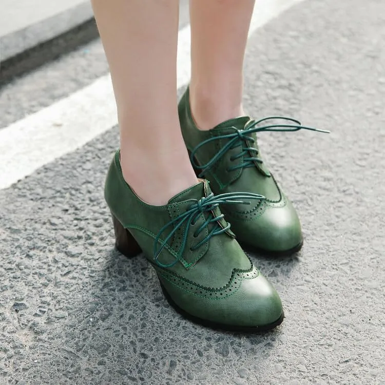 Women Vintage Lace Up Brogue Derby Shoes Block Heels