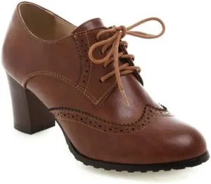 Women Vintage Lace Up Brogue Derby Shoes Block Heels
