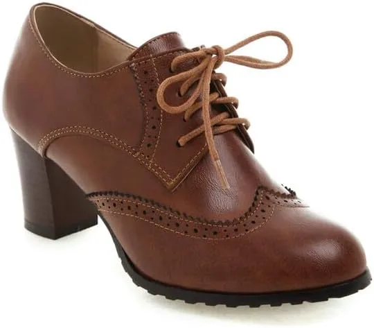 Women Vintage Lace Up Brogue Derby Shoes Block Heels
