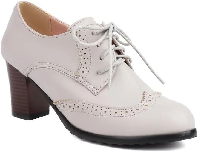 Women Vintage Lace Up Brogue Derby Shoes Block Heels