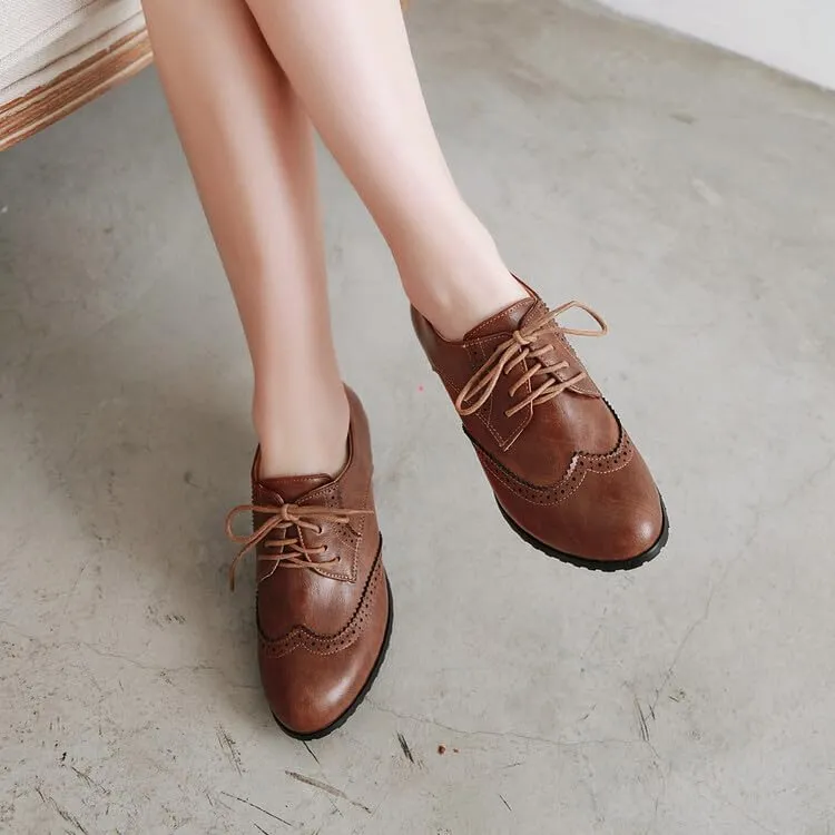Women Vintage Lace Up Brogue Derby Shoes Block Heels