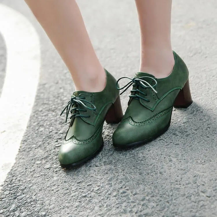 Women Vintage Lace Up Brogue Derby Shoes Block Heels
