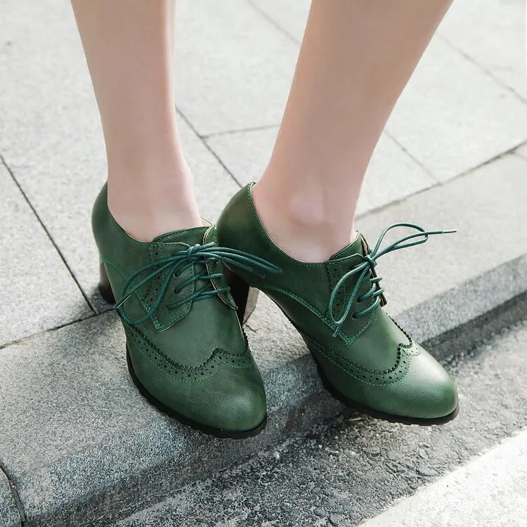 Women Vintage Lace Up Brogue Derby Shoes Block Heels