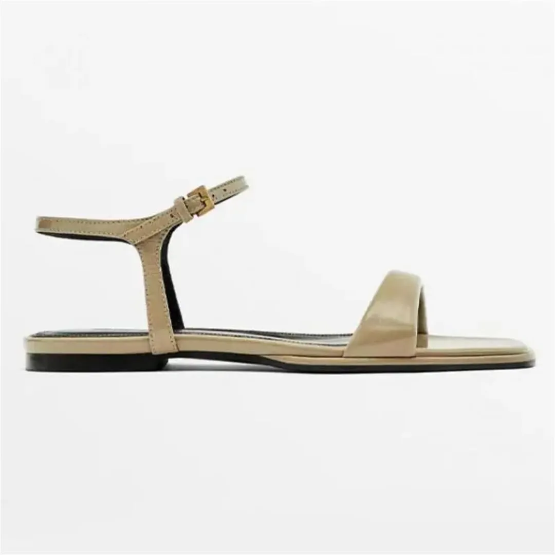 Womens Buckle Strap Front Rear Strap Flat Heel Open Side Vamp Modern Sandals Cow Leather Fashion Roman Summer Sandals