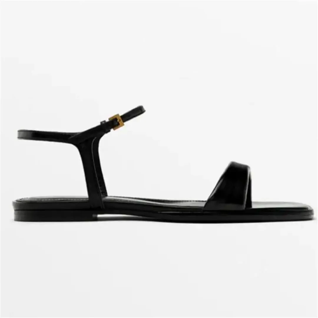 Womens Buckle Strap Front Rear Strap Flat Heel Open Side Vamp Modern Sandals Cow Leather Fashion Roman Summer Sandals