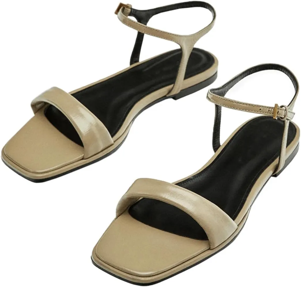 Womens Buckle Strap Front Rear Strap Flat Heel Open Side Vamp Modern Sandals Cow Leather Fashion Roman Summer Sandals