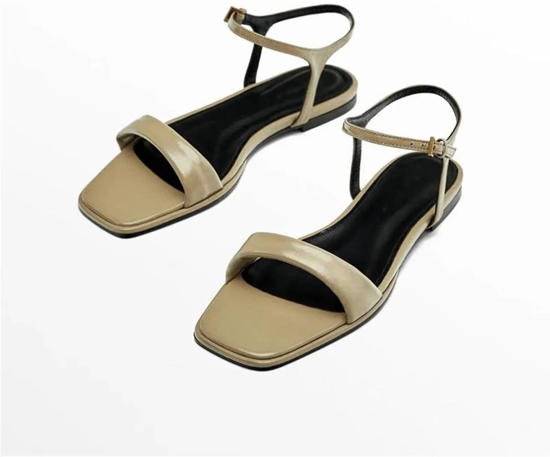 Womens Buckle Strap Front Rear Strap Flat Heel Open Side Vamp Modern Sandals Cow Leather Fashion Roman Summer Sandals