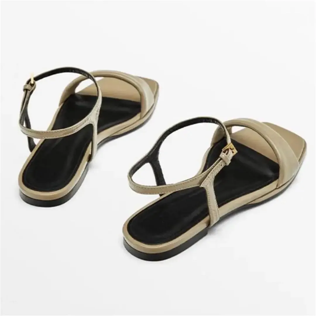 Womens Buckle Strap Front Rear Strap Flat Heel Open Side Vamp Modern Sandals Cow Leather Fashion Roman Summer Sandals