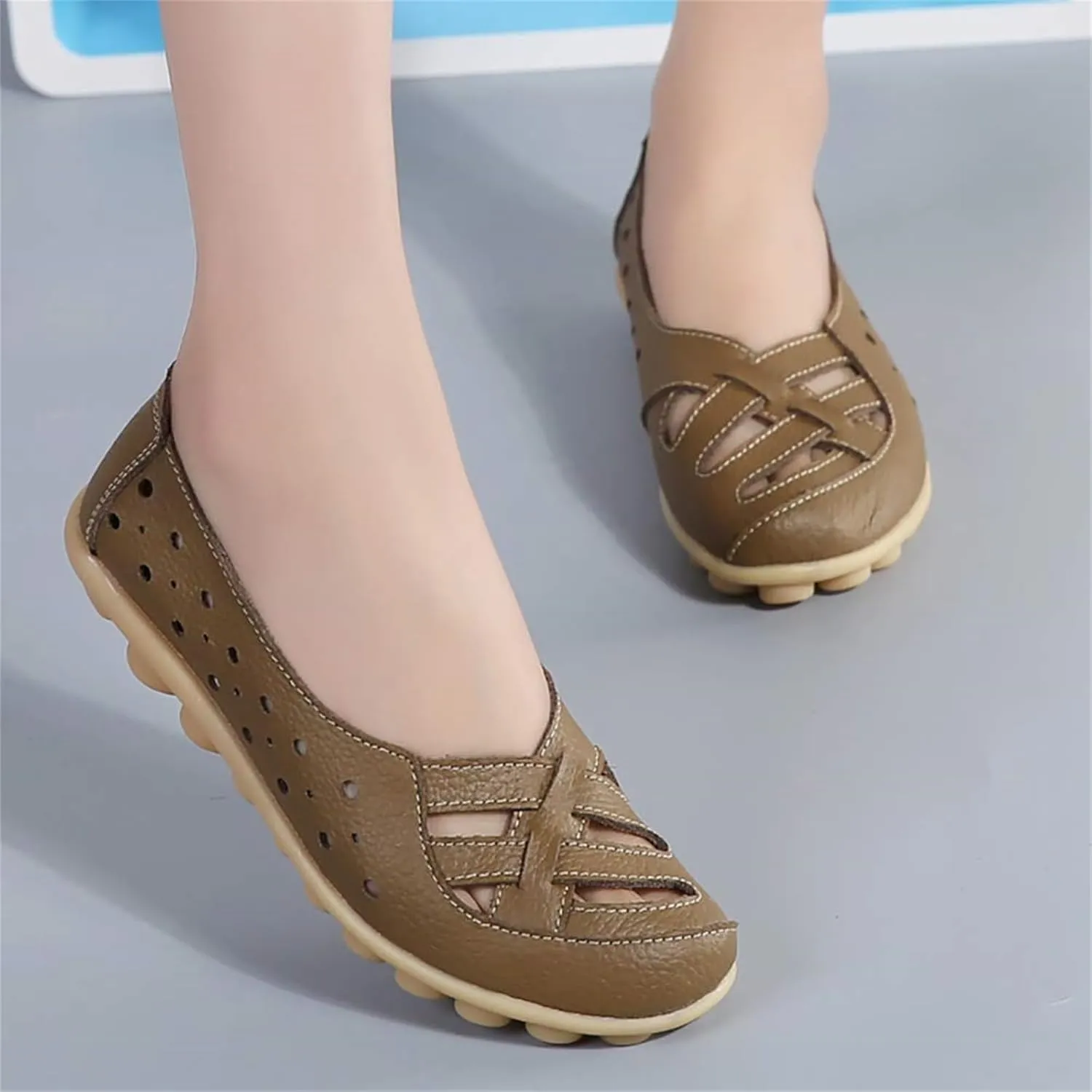 Women's Cowhide Leather Shoes Loafers Flats Sandals Slip-On Cutout Orthopedic Breathable Comfortable Hollow Soft Summer Casual Leather, Loafer Fashion Slip On Walking Round Toe Nurse Driving Shoes