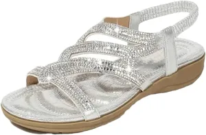 Womens Elastic Band Back Strap Wedge Heel Open Side Vamp Modern Sandals PU Upper Bohemian Rhinestone Beach Casual Summer Sandals